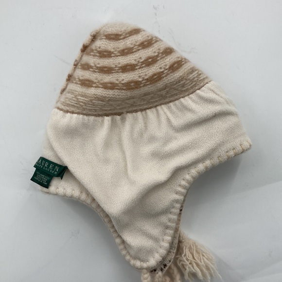 Lauren Ralph Lauren Cream Tan Wool Tassel Knit Hat Ear Flaps Kids OS - Picture 5 of 5
